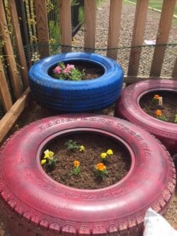 Three tires that have plants in them