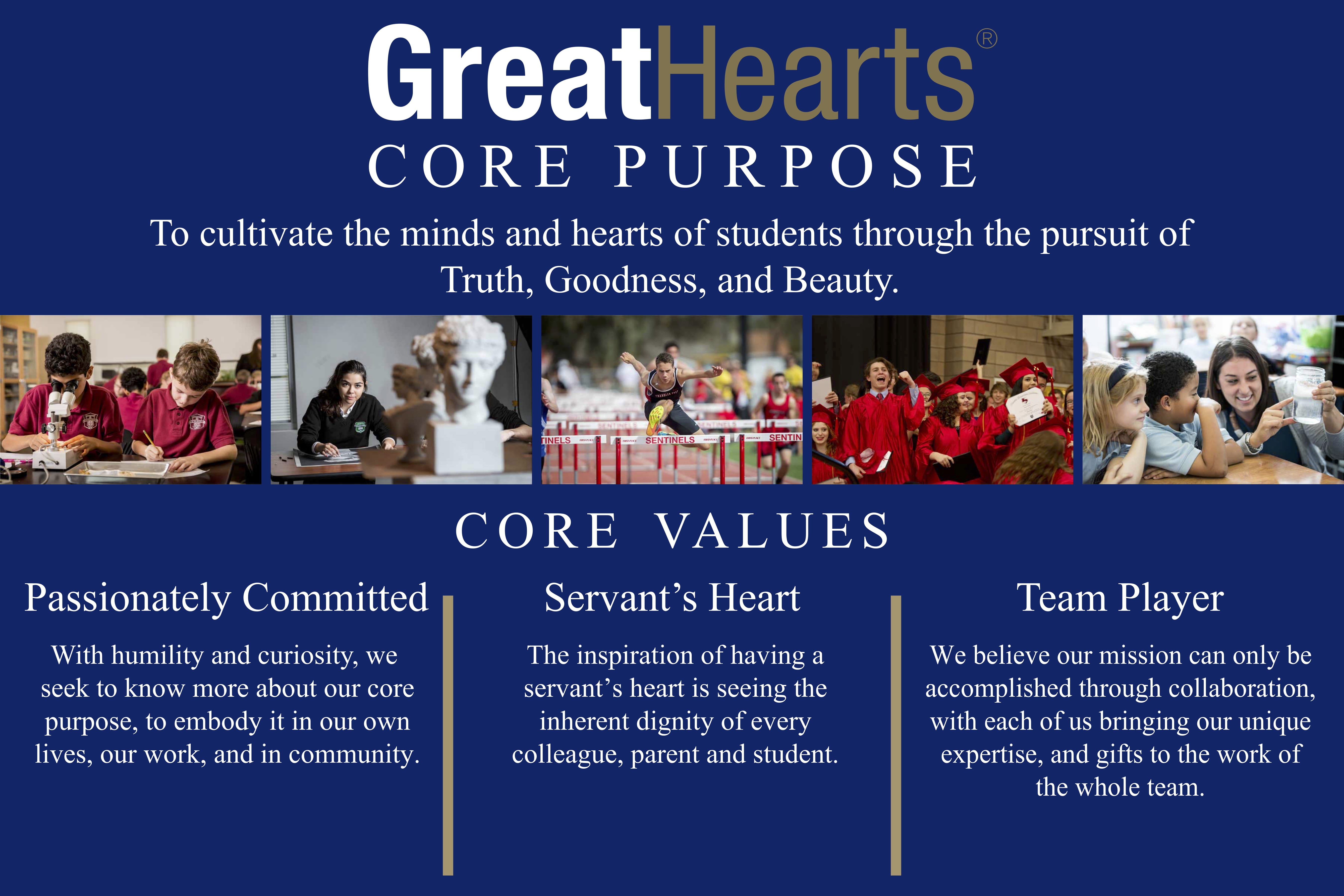 Great Hearts core purpose: to cultivate the minds and hearts of students through the pursuit of truth, goodness, and beauty