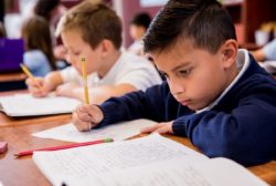 young boy doing class work