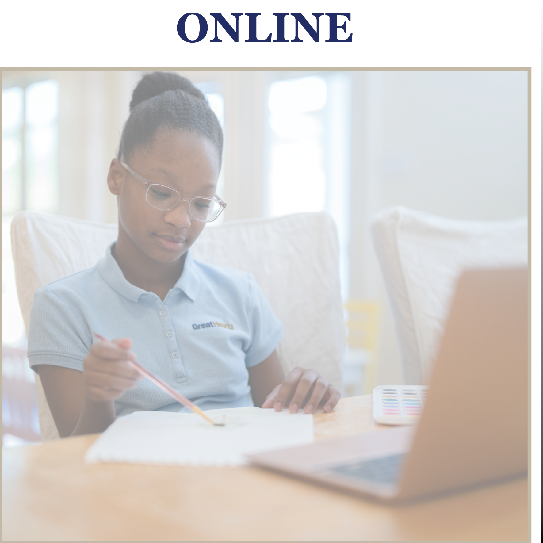 great hearts online, girl studying on computer