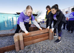 Volunteers helping build a school garden at Maryvale Prep