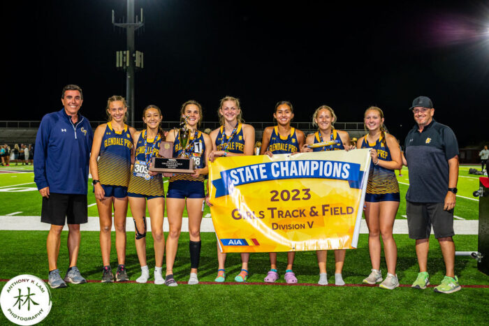 Glendale Prep Girls Track & Field Team with State Champions Banner