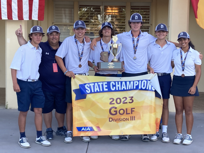 Scottsdale Prep Golf Team with State Champions Banner