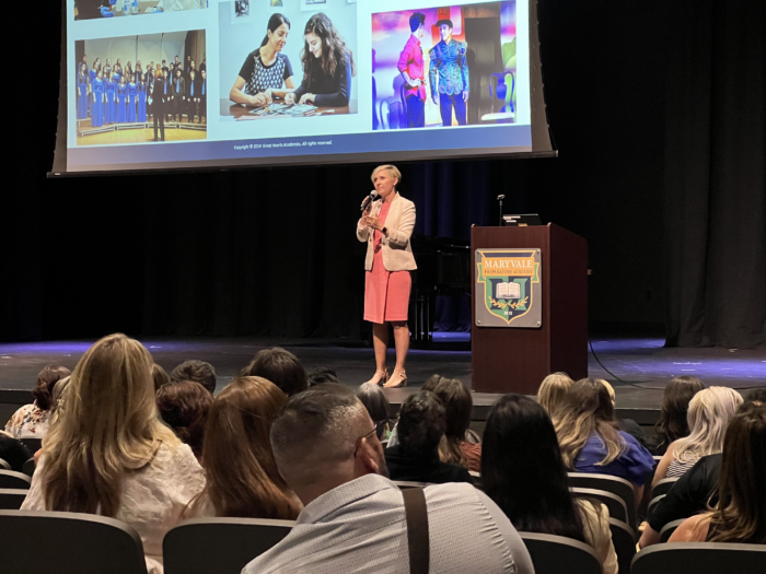 Heather Washburn addressing attendees at Great Hearts New Faculty Orientation (NFO).