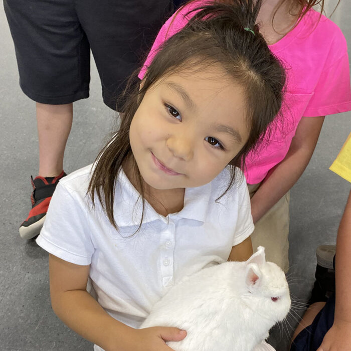 Student holding a white rabbit