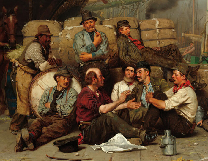 Painting of log shoremen