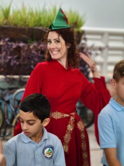 Teacher wearing a Robin Hood hat during Robin Hood Day