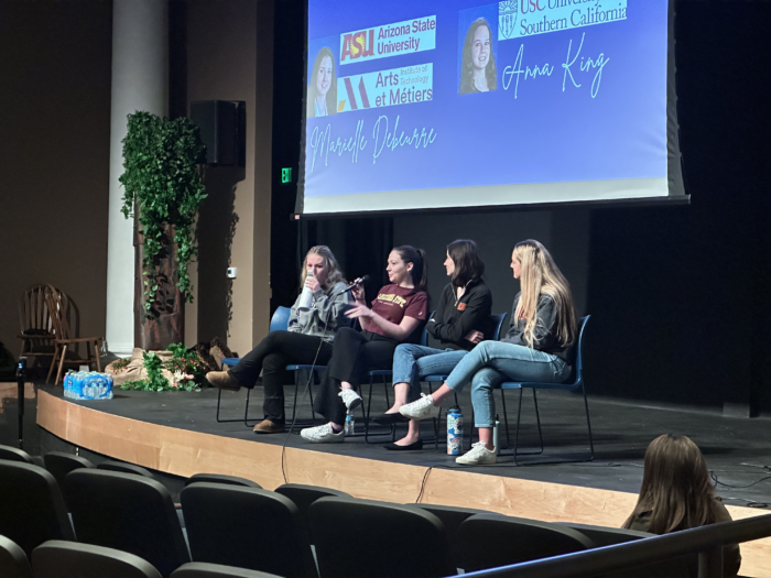 Past students speaking in front of current students during the Alumni Panel at Scottsdale Prep