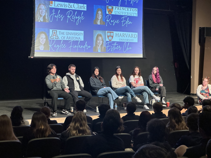 Past students speaking in front of current students during the Alumni Panel at Scottsdale Prep