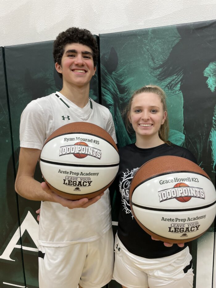 Ryan and Grace, athletes at Arete Prep posing with basketballs
