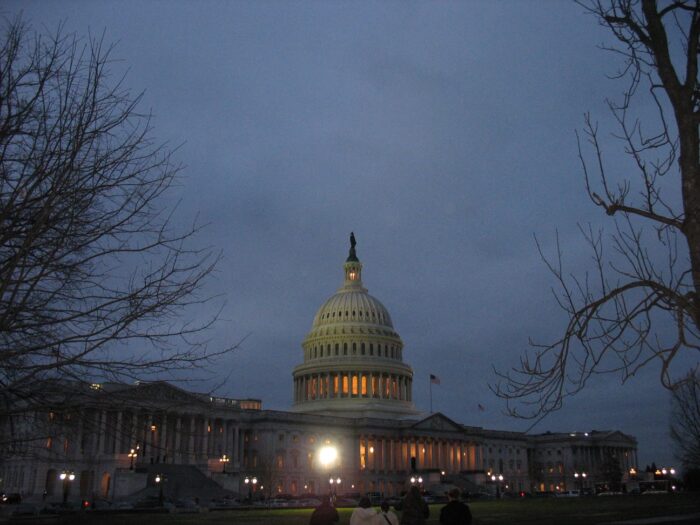 The US Capitol building at night