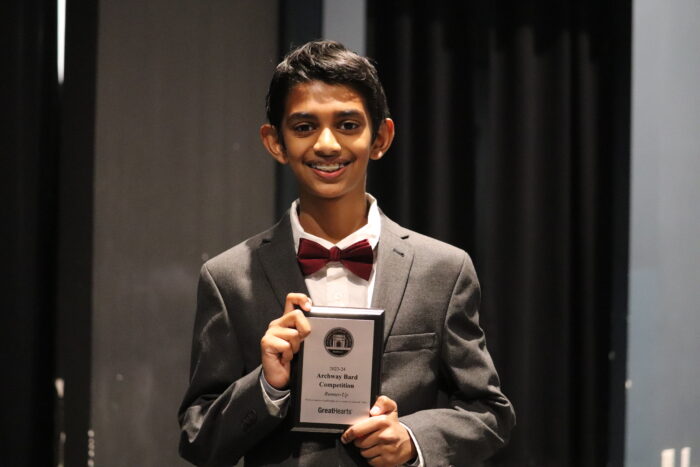 The 2024 Great Hearts Bard runner-up, Varsh V., with his plaque