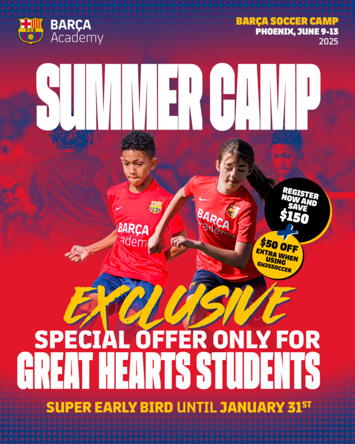Summer Camp poster for Barca Academy Summer Soccer Camp with "exclusive special offer only for Great Hearts Students"