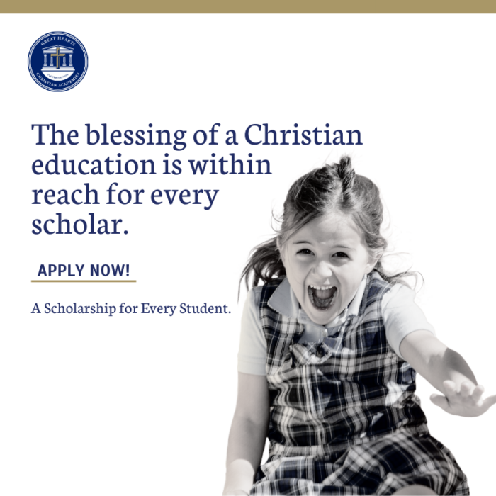 Black and white graphic of a girl with the words,"The blessing of a Christian education is within reach for every scholar. Apply Now! A Scholarship for Every Student."