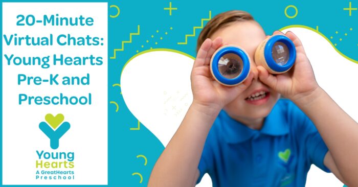 Graphic with a young child playing with a toy and the words: 20-Minute Virtual Chats Young Hearts Pre-K & Preschool