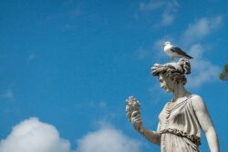 roman statue in blue sky, visited by an italian seagull