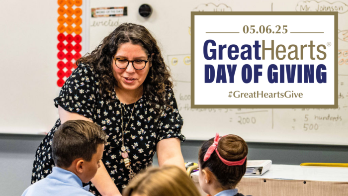 Teacher with students and Great Hearts Day of Giving Logo
