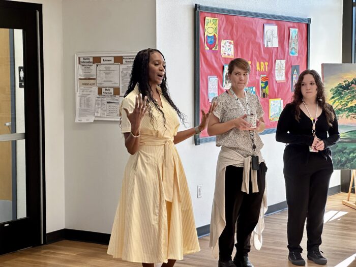 Yvette Cooper with teachers