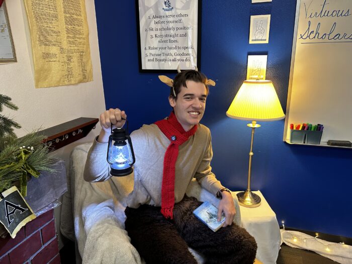 Teacher dressed as Mr. Tumnus