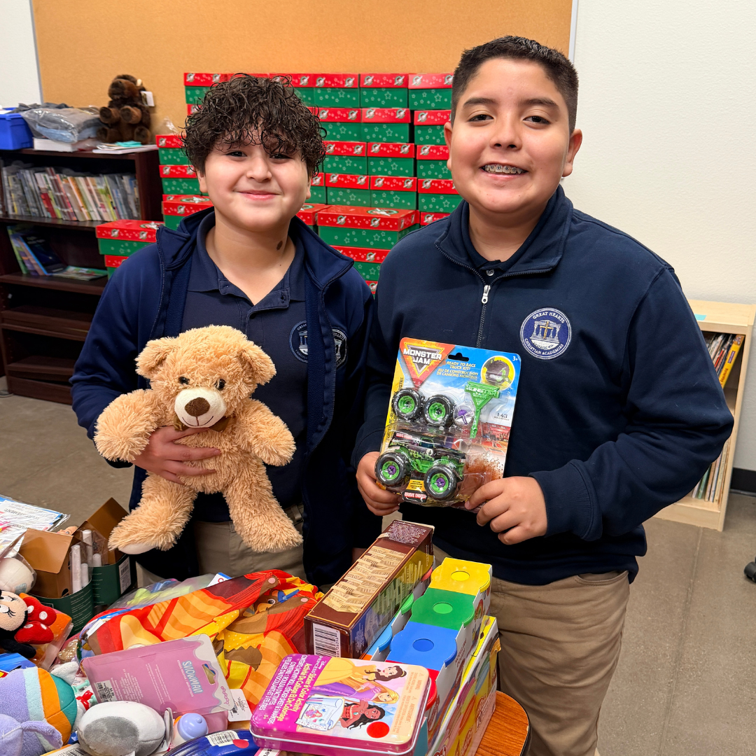 great hearts christian academies students with toys and gifts