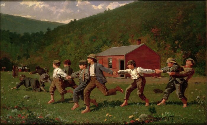 Painting of boys running in a field
