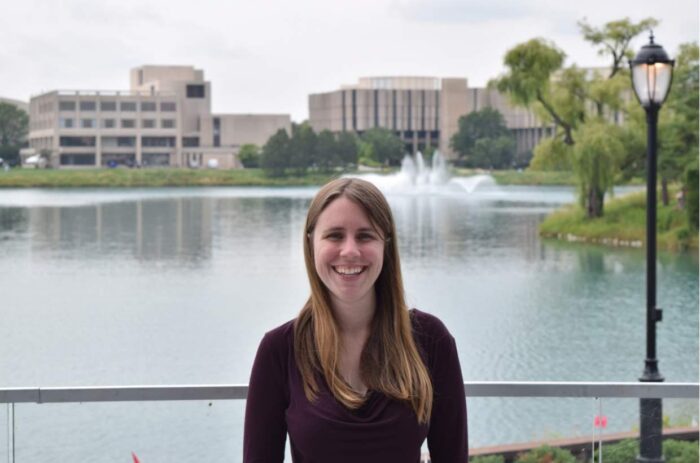 Michelle Paull in front of a fountain