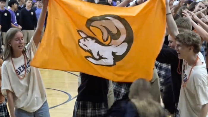 Students cheering with flag